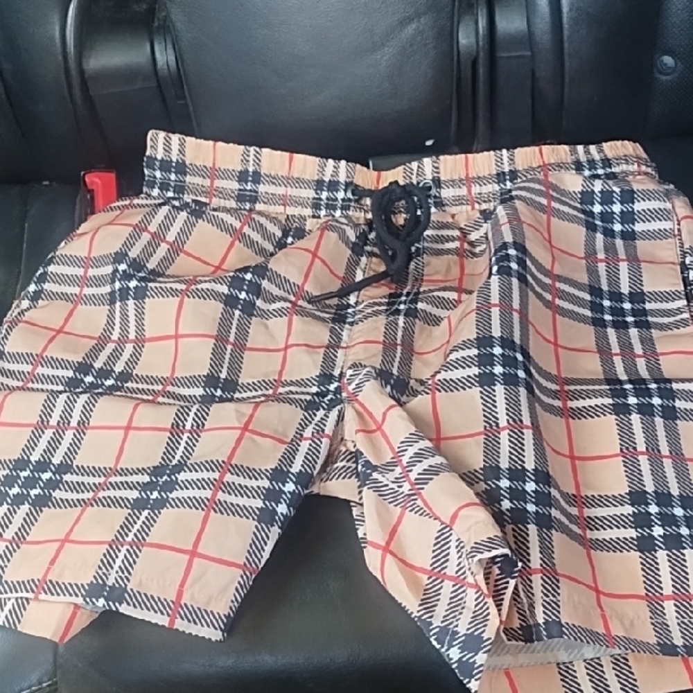 Burberry Checkered Swimwear in Beige and Red